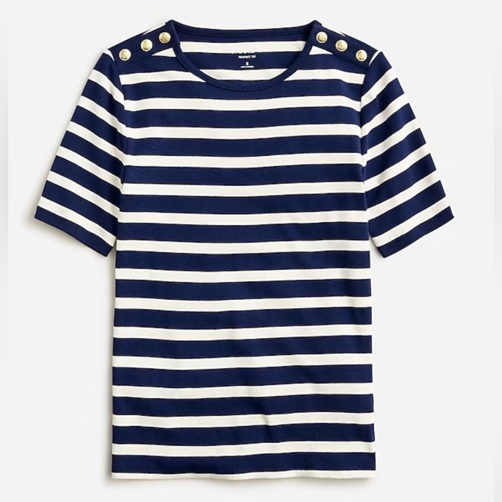 J. Crew Navy and White Striped Short Sleeve Button-Shoulder Tee
